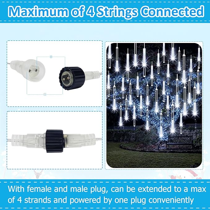 2-Pack Christmas Lights Outdoor, 16Tubes 384LEDs Extendable Meteor Shower Lights, Falling Rain Light Waterproof Plug in Tree Light for Christmas Backyard Garden Patio Xmas Decoration (Cool White)