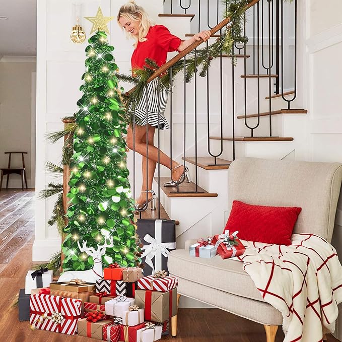 HMASYO 5 FT Pop Up Christmas Tree with Timer Lights, Green Christmas Tinsel Tree, Collapsible Artificial Pencil Christmas Tree for Indoor Home Apartment Porch Holiday Party Decorations