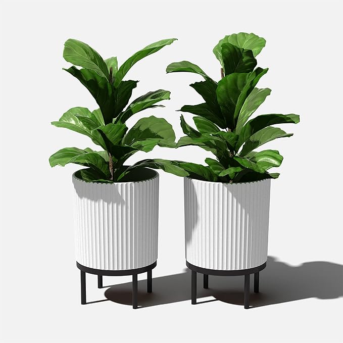 Veradek Demi Series Round Planter w/Stand for Porch/Patio | Durable Plastic-Stone Composite & Wooden Stand | Modern Décor for Tall Plants, Flowers