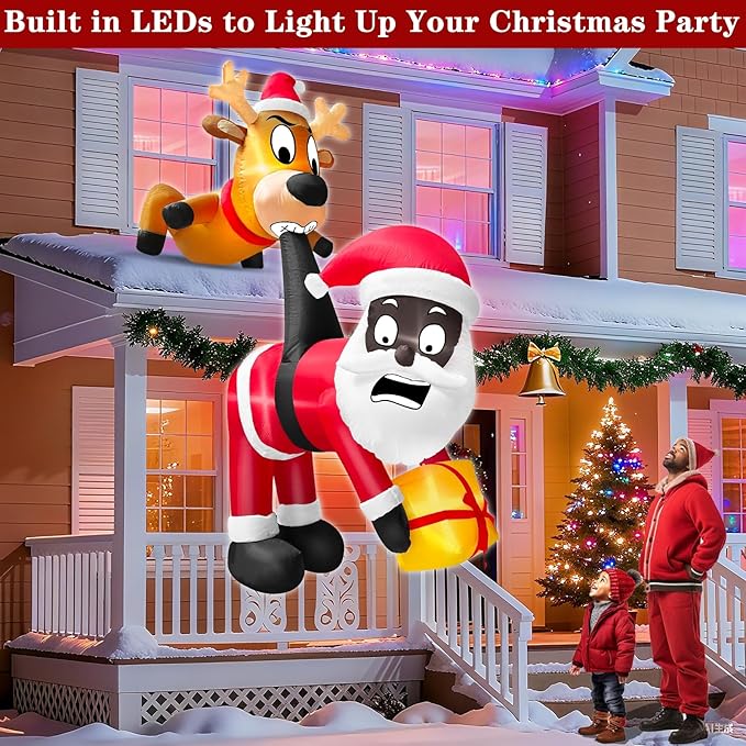 6 Ft Christmas Inflatable Reindeer & Climbing Black Santa Claus, Funny Hanging Outdoor Decoration with Built-in LED Light, Christmas Blow Up Yard Decor for Beam Roof Tree Indoor Home Party Lawn Decor