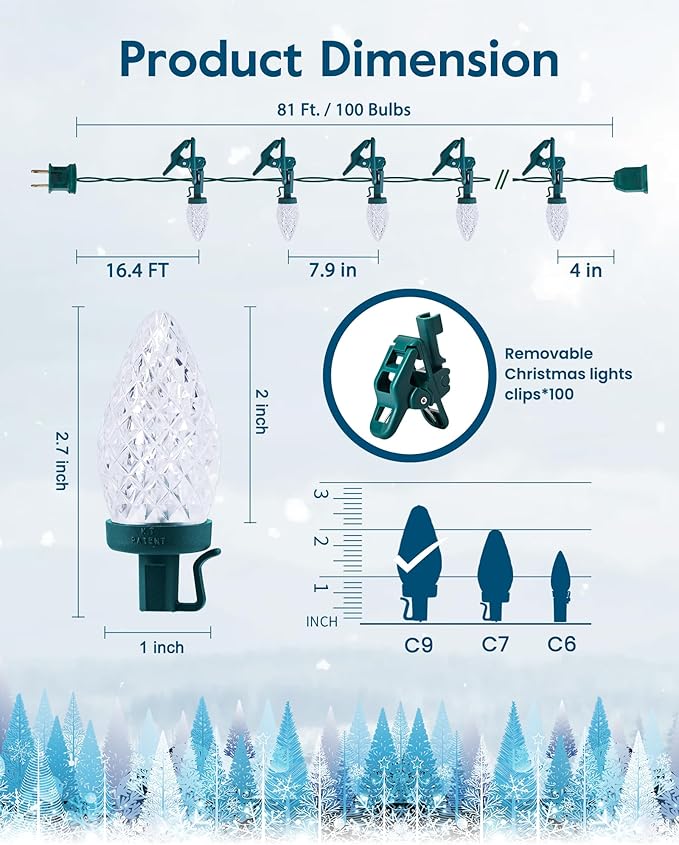 C9 LED Christmas Lights Outdoor with 100 Spring Clips, 81FT 100 LED C9 String Lights Waterproof Connectable Commercial Grade for Outside Roofline Patio House Garden Yard Christmas Decor, White 2 Pack