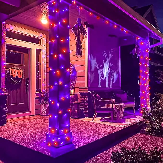 2 Pack Halloween Lights Outdoor, Total 200FT 600 LED Purple Orange String Lights for Outside with 8 Modes Waterproof, Plug in Halloween Decorations for Indoor House Patio Garden Party Holiday