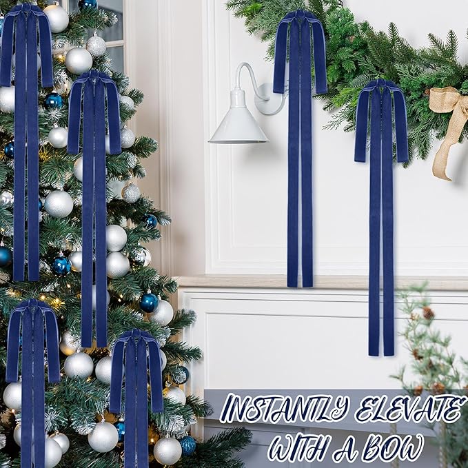 Janinka 6 Pcs Haze Blue Velvet Christmas Swag Bow 31.5 x 23.6 inch Large Vintage Christmas Ornament Rustic Velvet Staircase Wreath Bows Xmas Tree Topper Bows Large Bow for Outdoor