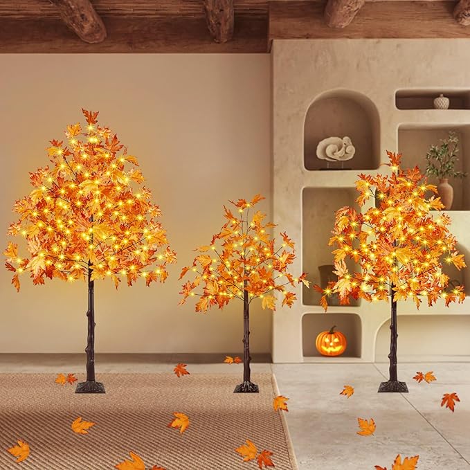 Set of 3 Pre-lit Artificial Lighted Maple Tree with Timer, 4FT 5FT and 6FT 300 LED Warm White Light up Fall Decor for Indoor Outdoor Thanksgiving Day Halloween Home Porch Party Decoration, Orange