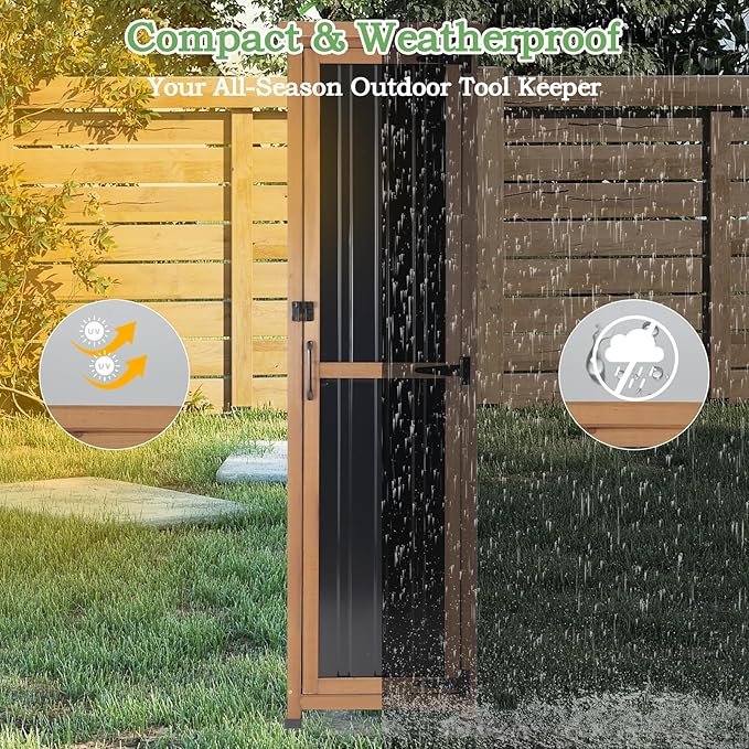 62" H Tall Narrow Outdoor Storage Cabinet with Metal Top, Outdoor Shed Storage Unit Waterproof with Adjustable Shelves for Garden, Patio, Living Room, or Entryway Storage, Black