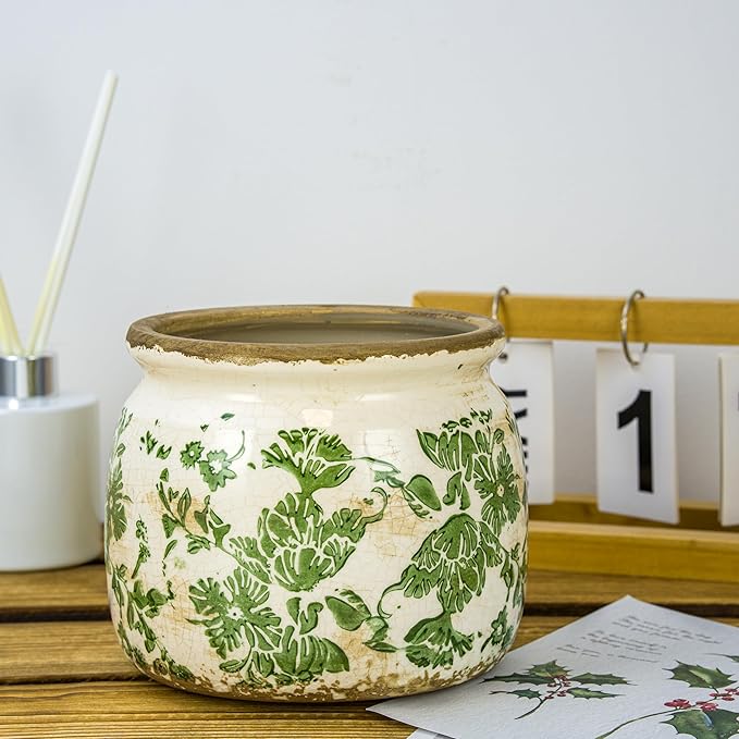 Vintage Ceramic Ice Crack Flower Pot with Drainage Holes, Country Rustic Planters for Indoor and Outdoor,Tuscan Decor,Home,Living Room, Garden Decor, Gardening Gift (Country)