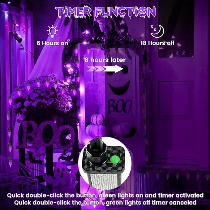 2 Pack C6 Halloween Lights Outdoor Indoor, Total 200 LED 66 FT Connectable Halloween String Lights with Timer & 13 Modes, Waterproof Twinkle Light for Porches Tree Horror Party Decorations (Purple)