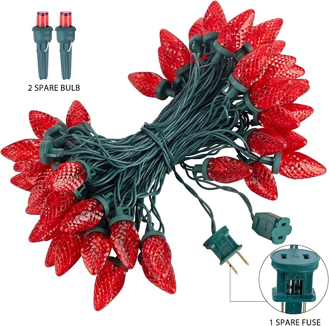 Brightown C9 LED Christmas String Lights, 33ft 50 LED Waterproof Strawberry String Lights, Extendable Green Wire Lights String for Outdoor Indoor Patio Party Decoration, Red