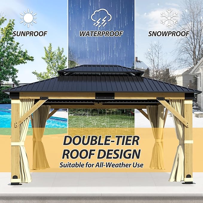 13'x15' Wood Gazebo, Outdoor Solid Wooden Gazebo with Double Roof Galvanized Steel Top, Hardtop Cedar Frame with Curtain & Netting for Garden, Patio, Deck, Backyard