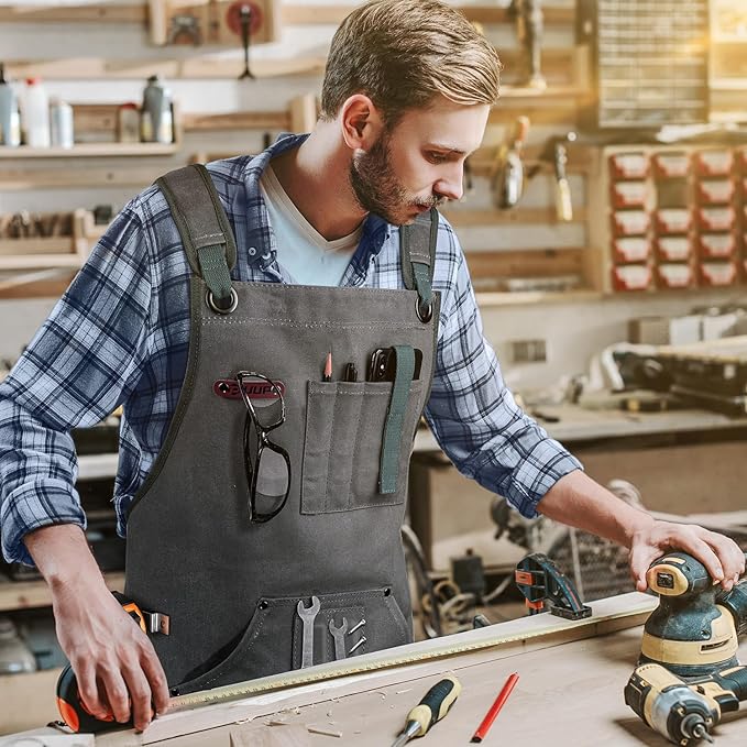 Woodworking Apron for Men, Shop Apron 20 oz Canvas Work Apron with 9 Tool Pockets, Heavy Duty Wood Working Workshop Bib Apron for Carpenter Woodworker Blacksmith, Men Gift, Adjustable to S- 3XL, Grey