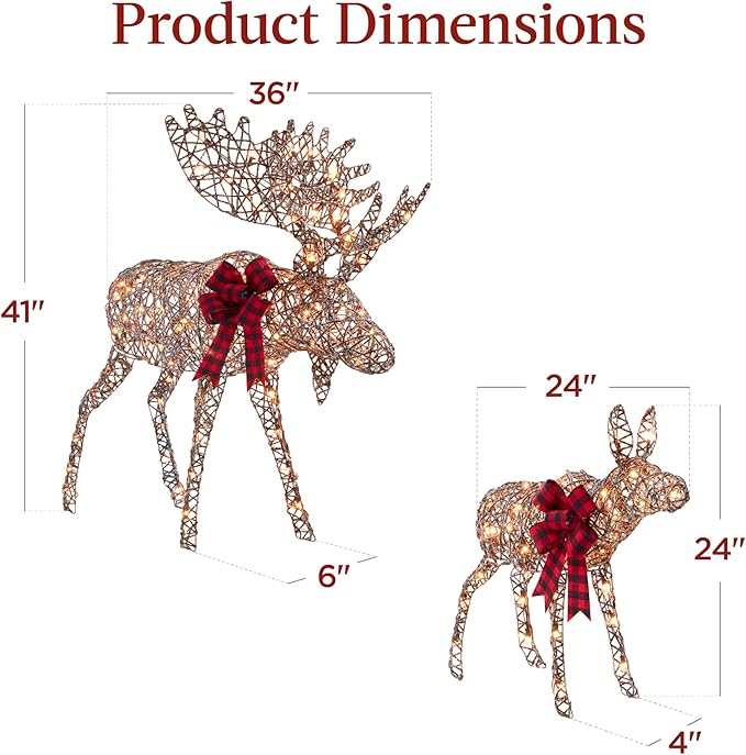 Best Choice Products 2-Piece Moose Family, Lighted Outdoor All-Weather Christmas Yard Decoration Light-Up Décor Set w/ 170 LED Lights, Ground Stakes, Zip Ties - Rattan