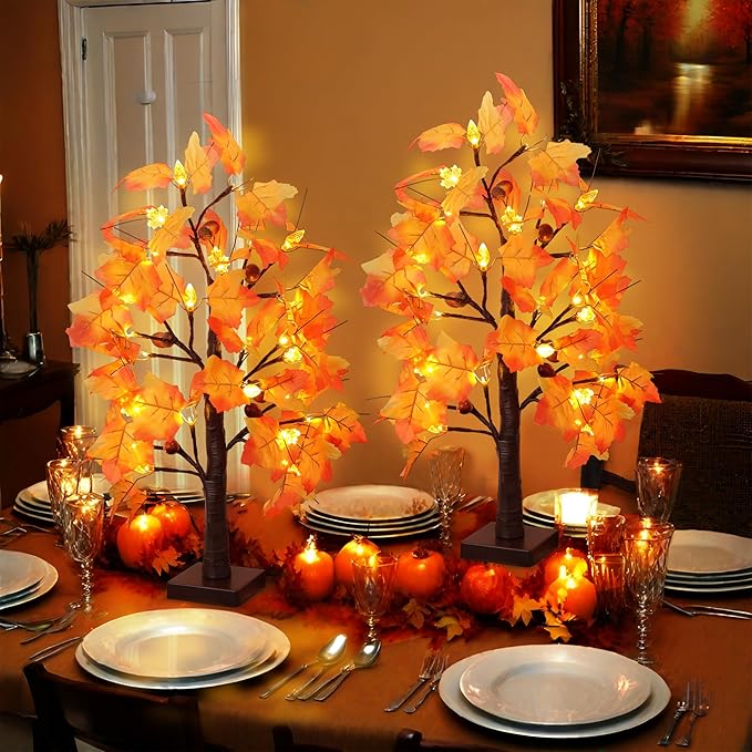 2 Packs 24 Inch Lighted Maple Tree Fall Thanksgiving Decorations with 48 LEDs Timer Battery Operated 3D Acorn Maple Lampshade Artificial Autumn Tree Lights for Thanksgiving Table Decor Home Indoor