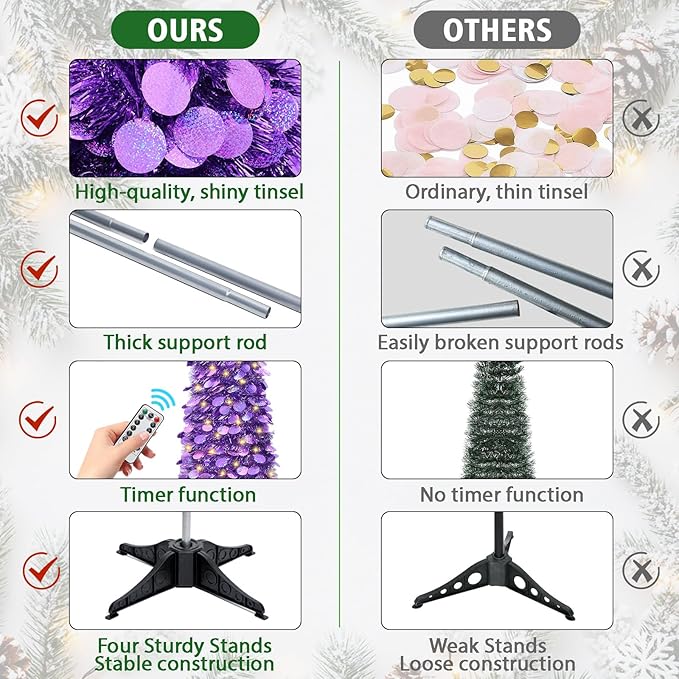 HMASYO 6 FT Pop Up Christmas Tree with 100 LED Lights & Remote, Purple Christmas Tinsel Tree, Collapsible Artificial Pencil Tree for Home Office Party Decor, USB Powered Timer Lights, Easy Assembly