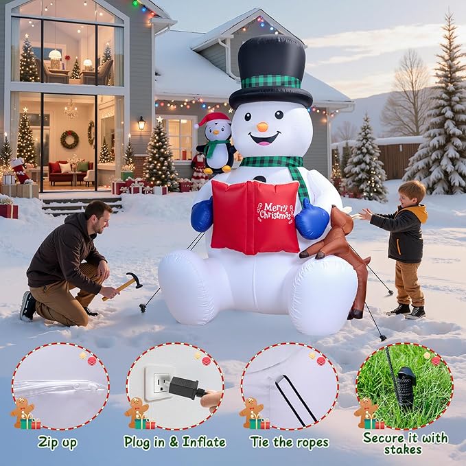 Dawdix 7 FT Christmas Inflatable Snowman Outdoor Decorations, Blow up Snowman Yard Decor Built-in Colorful Rotating LED, Penguin & Reindeer Christmas Decoration, Xmas Holiday Decor for Garden Lawn