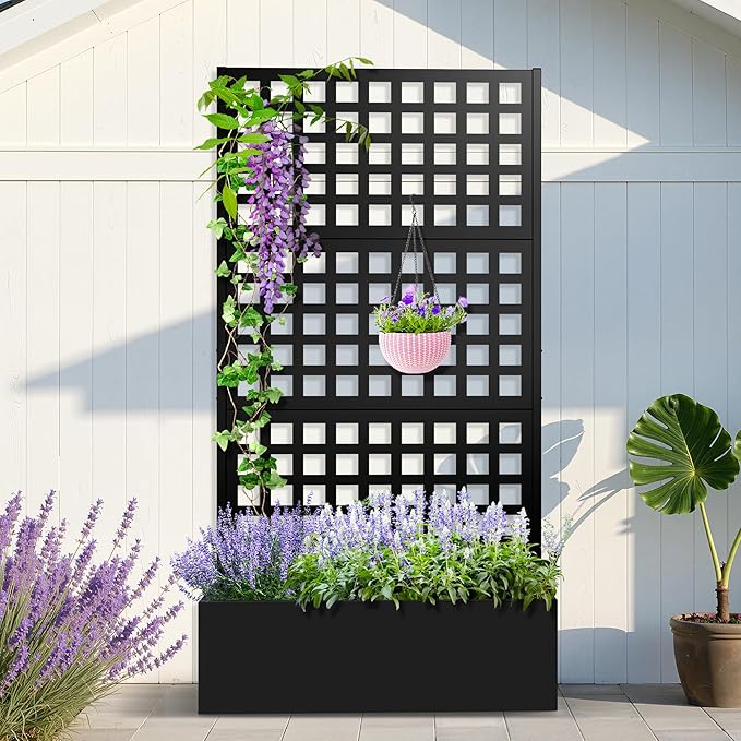 Metal Planter Box with Trellis, Planter Box with Privacy Screen, Privacy Trellis Outdoor for Climbing Plants with Drainage Holes, Raised Garden Bed for Vegetables