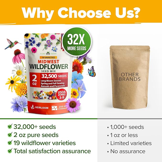 HOME GROWN 32,500+ Midwest Wildflower Seeds 2oz π‘π’π‘-ππ π’, π¨π¦π-π¦π’π¨π₯πππ β 15 Varieties β Annual & Perennial Flower Seeds for Attracting Bees & Butterflies β Open Pollinated