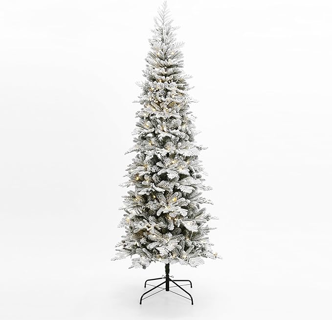 LuxenHome 7.5FT Flocked Christmas Tree, Slim Pencil Christmas Tree Pre-lit with 350 Warm White LED Lights, Lighted Artificial Christmas Trees with Stand for Indoor, Outdoor Holiday Decorations