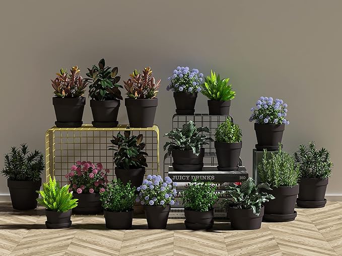 Fcacti 4 Inches Small Black Terracotta Pots with Saucer, 6 Pack 4" Terra Cotta Planter with Drainage Holes, Small Clay Flower Pots for Plants, Succulents, Crafts, Wedding Favor