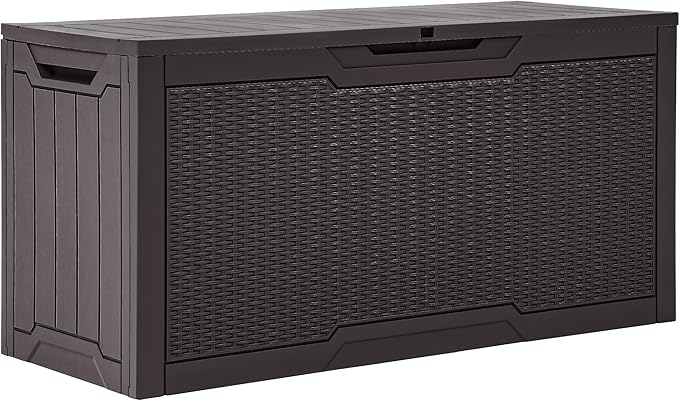 YITAHOME 80 Gallon Resin Deck Box, Weather Resistant Outdoor Rattan Storage Box, Lockable Indoor Outdoor Storage for Supplies and Essentials, Dark Brown