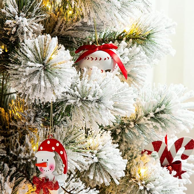 Glitzhome 6ft Pre-Lit Flocked Pencil Pine Artificial Christmas Tree with 300 Warm White Lights and Foldable Metal Stand for Home, Office, Party Decoration, Easy Assembly