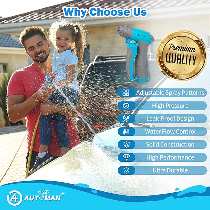 AUTOMAN Garden Hose Nozzle, 4 Adjustable Patterns Hose Sprayer, Heavy Duty High Pressure Water Hose Nozzle for Pets Bathing and Cleaning, Car Washing, Watering Plants in Lawn and Garden & Outdoor Fun.
