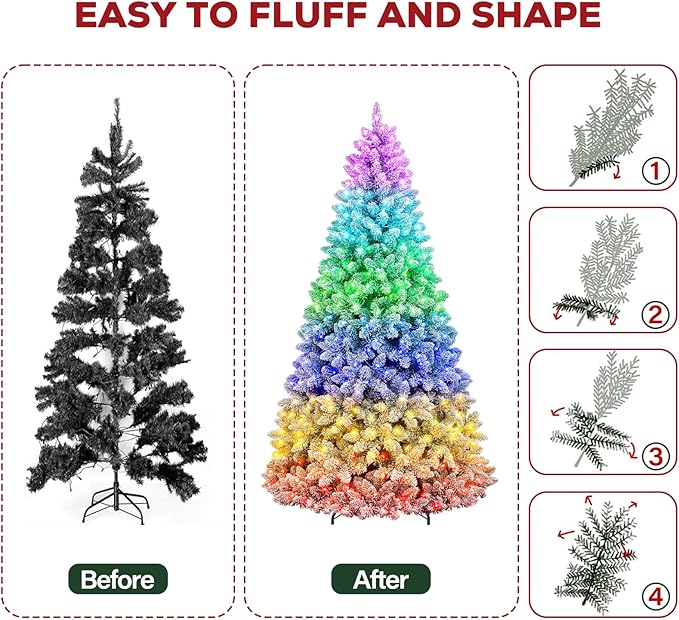 Hykolity 7.5 ft Prelit Snow Flocked Christmas Tree with Remote Control, 1446 PVC Branch Tips, Artificial Hinged Christmas Tree with 450 Multi-Color RGB Lights for Home, 15 Modes
