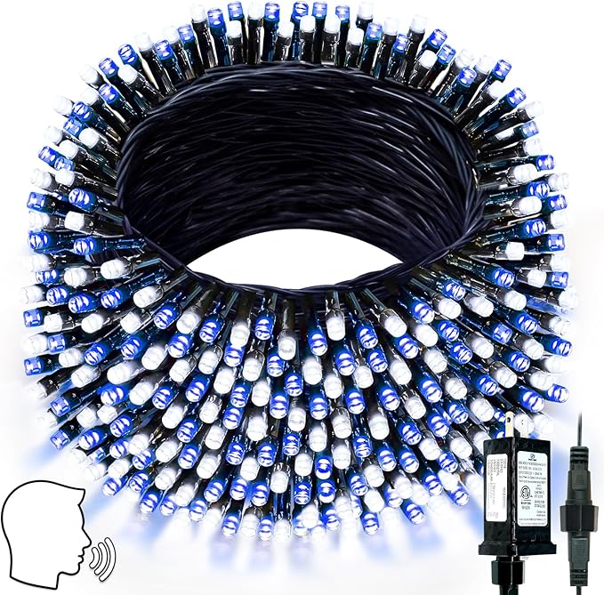 Voice Controlled Smart Christmas Lights Outdoor, 75.8ft 200LED Extendable String Lights with 7 Voice Commands, 12 Modes & Timer, Waterproof Christmas Decorations for Party Tree Garden (Bule and White)