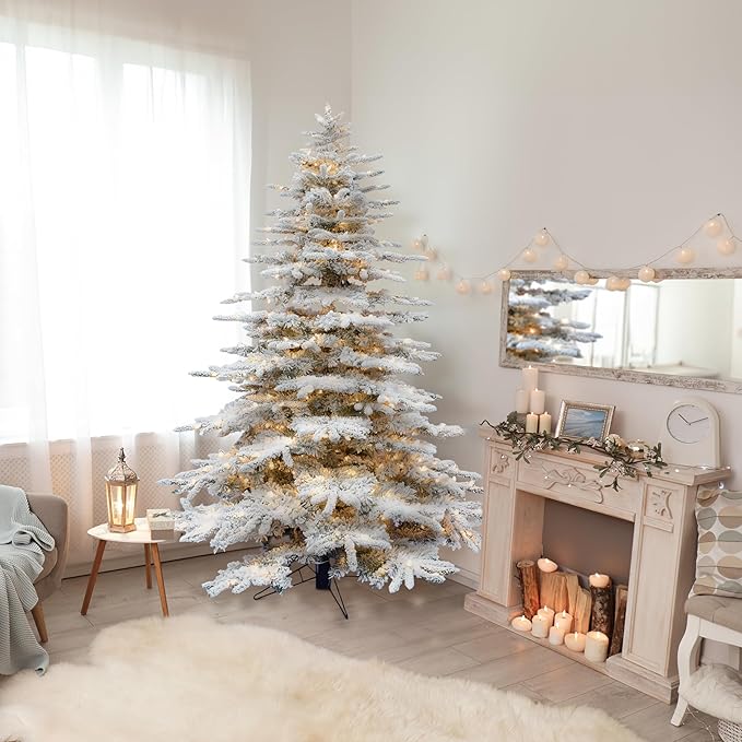 Fraser Hill Farm 10-Ft. Pine Valley Flocked Artificial Christmas Tree with White Incandescent Smart Lights and Stand, Prelit Foldable Fake Tree with Realistic Snowy Foliage for Home Decoration