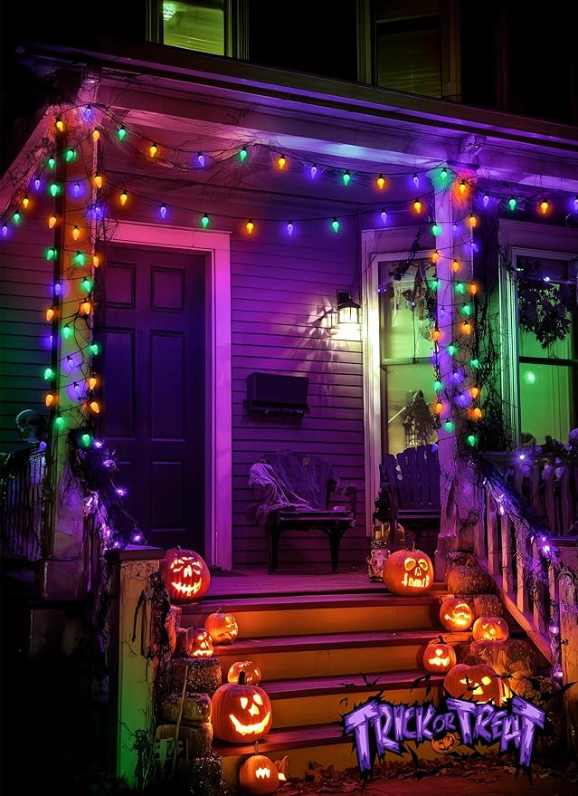 Brightown Halloween C9 LED String Lights, 114FT 150 LED Orange Purple and Green Halloween Lights with Timer & 8 Modes, Plug-in Waterproof Outdoor Lighting for House Patio Yard Porch Roof