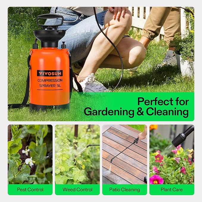 VIVOSUN 1.35-Gallon Pump Pressure Sprayer, Pressurized Lawn & Garden Water Spray Bottle with Adjustable Shoulder Strap, for Spraying Plants, Garden Watering and Household Cleaning