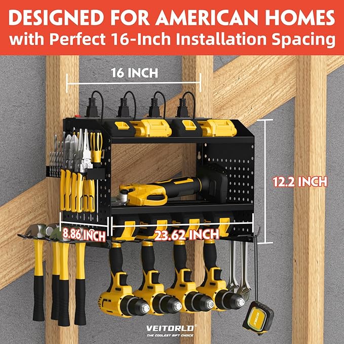 Veitorld Power Tool Organizer Wall Mount with Charging Station, 4 Drill Holder Heavy Duty Cordless Tool Storage Rack, Metal Garage Organizers and Storage, Christmas Birthday Gifts for Men Dad Him
