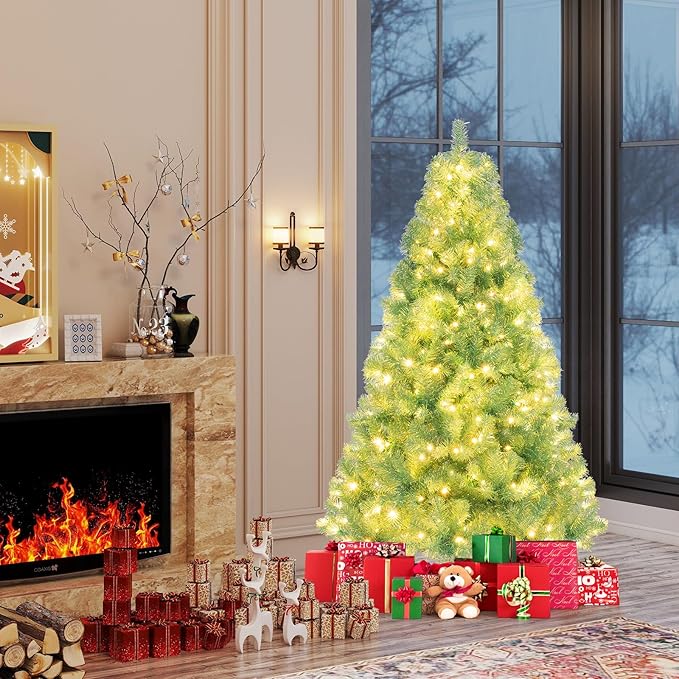 Goplus 6 FT Pre-Lit Tinsel Christmas Tree, Artificial Hinged Xmas Tree with 250 Warm White LED Lights, 8 Modes, 688 Lush Branch Tips, Metal Stand, Home Office Seasonal Holiday Decoration, Green