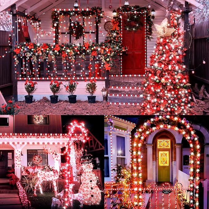 XURISEN 551FT 1400 LED Christmas Lights Outdoor Green Wire String Lights 8 Modes with Timer Memory Waterproof Fairy Light Plug in for Xmas Tree Wedding Yard Party Holiday Decorations(Red+White)