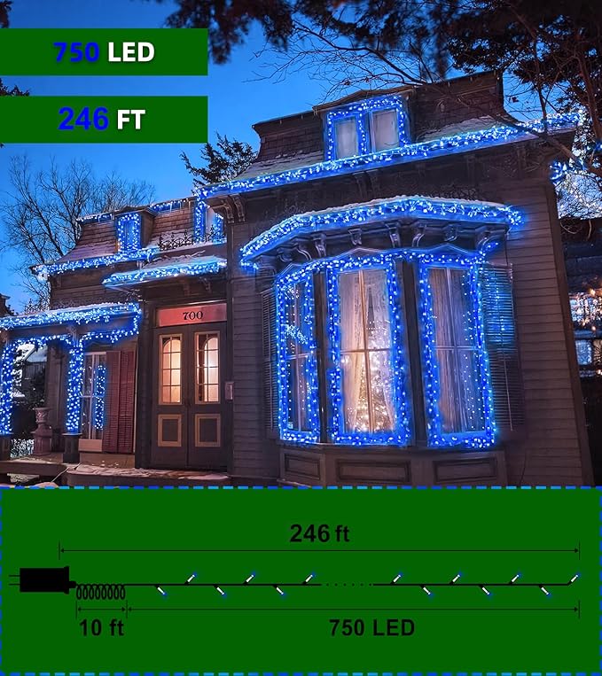 750 LED 246FT Christmas Lights Outdoor, Super Long Waterproof Christmas String Lights with 8 Modes, Christmastree Lights with Timer Memory for Fence Garden Xmas Wedding Party Decor Blue