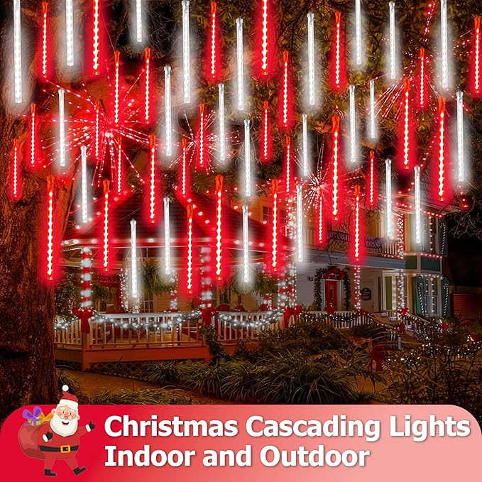 2-Pack Extendable Meteor Shower Christmas Lights Outdoor, 16 Tubes 384 LEDs Waterproof Falling Rain String Lights, Christmas String Lights Outdoor for Tree Garden Holiday Decorations (Red and White)