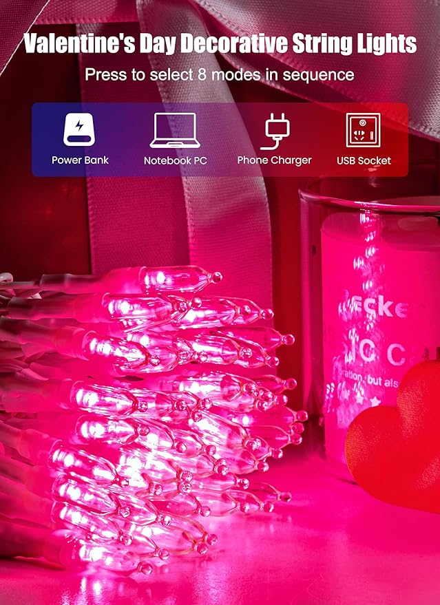 Minetom Valentines Decor Pink Lights, 39 Feet 100 LED Mini Valentines String Lights USB Operated, Waterproof Tree Lights Indoor for Home Bedroom Holiday Decorations