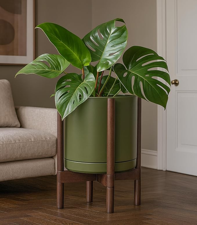 D'vine Dev Ceramic Planter with Walnut Color Stand - 12 Inch Modern Round Flower Pot with Wood Planter Holder, Olive, 55-B-W-J