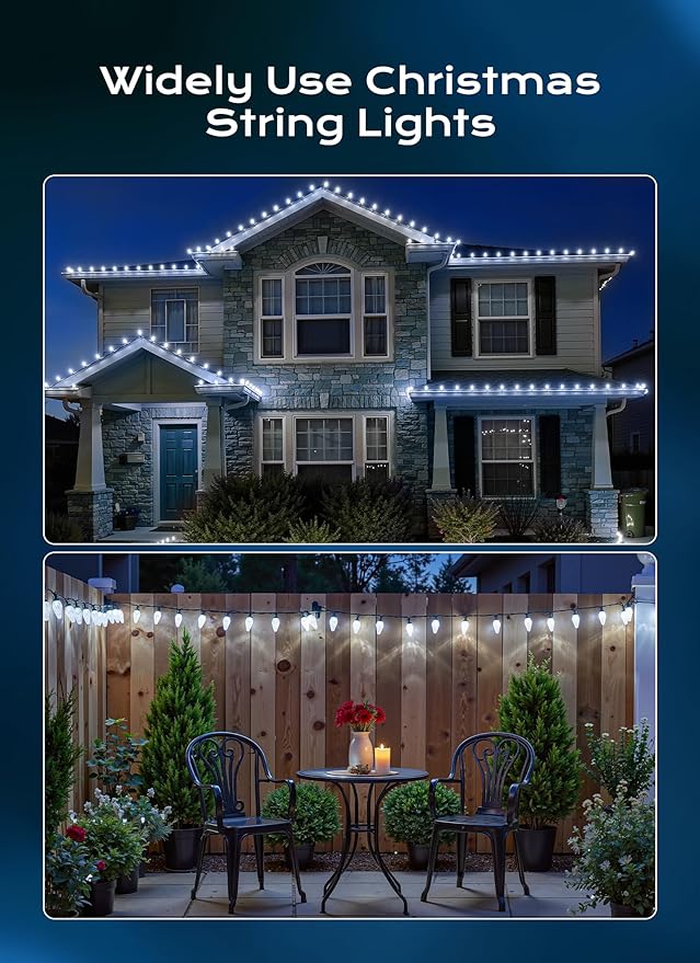 C9 Christmas Lights Outdoor, 33 FT 50 LED Connectable C9 String Lights with 8 Modes and Timer Extendable Xmas Tree Patio Roofline Garden Yard Holiday Party Indoor Outdoor Decoration, White