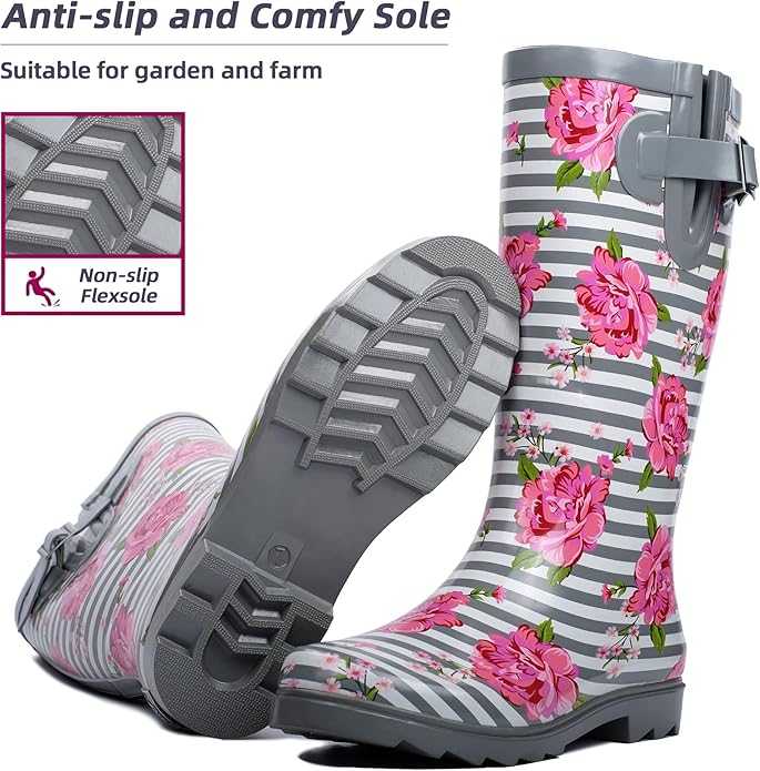 landchief Rain Boots for Women, Waterproof Ladies Tall Knee High Rubber boots,Comfort Garden Boots Anti-Slip Mid Heel Women Rain Shoes Outdoor
