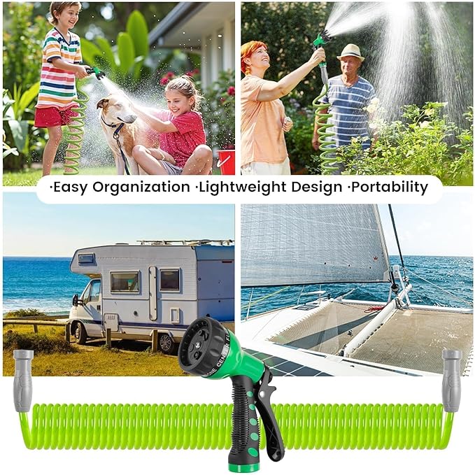 SPECILITE 1/2” Polyurethane Coil Garden Hose 50 FT, PU Flexible Recoil Water Hoses with 6-Pattern Spray Nozzle for Patio, Boat, Greenhouse and Yard