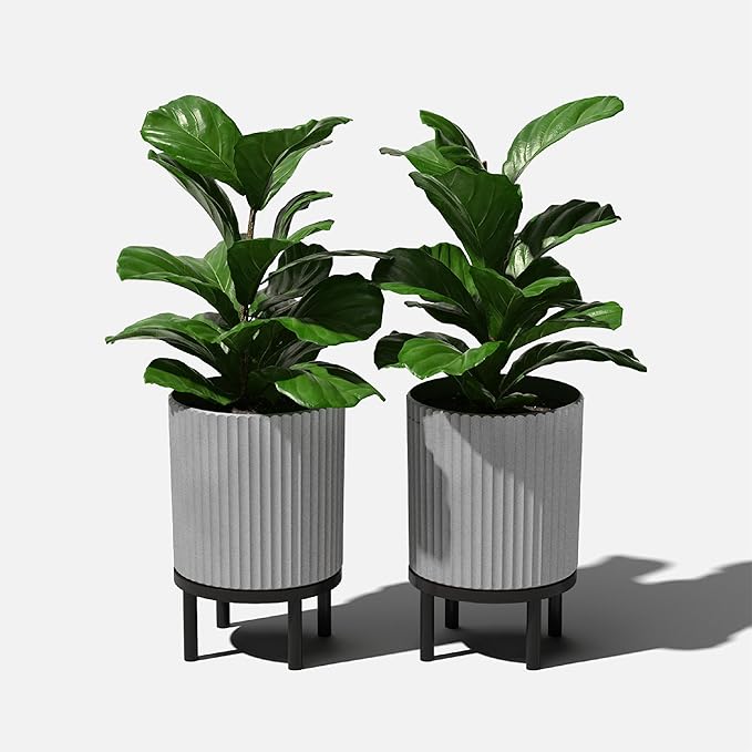 Veradek Demi Series Round Planter w/Stand for Porch/Patio | Durable Plastic-Stone Composite & Wooden Stand | Modern Décor for Tall Plants, Flowers