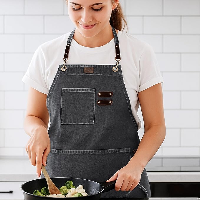 LEATHER VILLAGE Chef Aprons for Men Women with Large Pockets, Cotton Canvas Cross Back Adjustable Work Apron, Size M to XXL
