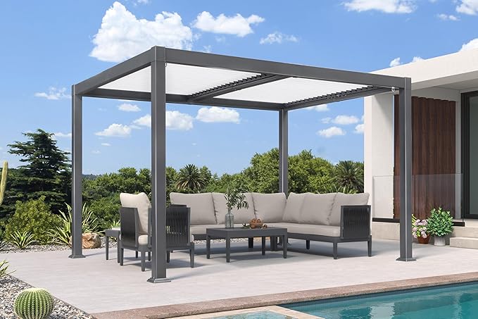 PURPLE LEAF Louvered Pergola 10' x 12' Outdoor Aluminum Pergola with White Adjustable Rainproof Roof Grey Frame Hardtop Gazebo for Patio Deck Garden