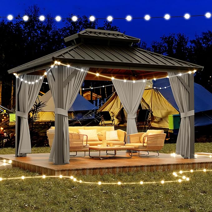 10X12 FT Outdoor Galvanised Steel Hardtop Gazebo, Heavy Duty Double Roof Outdoor Gazebo with Netting and Sunshade Curtains, Aluminium Framed Gazebo for Patio, Terrace, Lawn and Deck, Grey