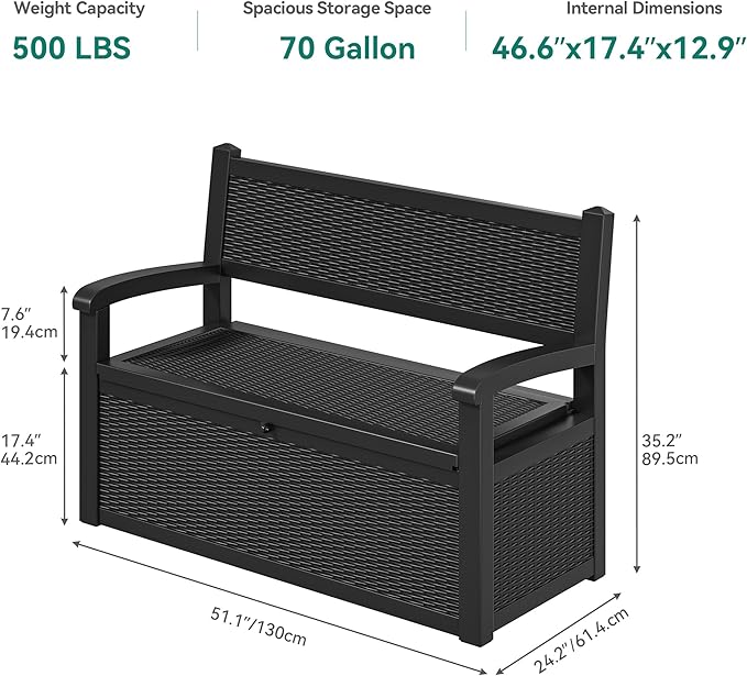 YITAHOME 70 Gallon Deck Bench with Storage, Outdoor Storage Box Bench with Armrests for Patio Garden Pool Porch, Waterproof&Lockable, Black