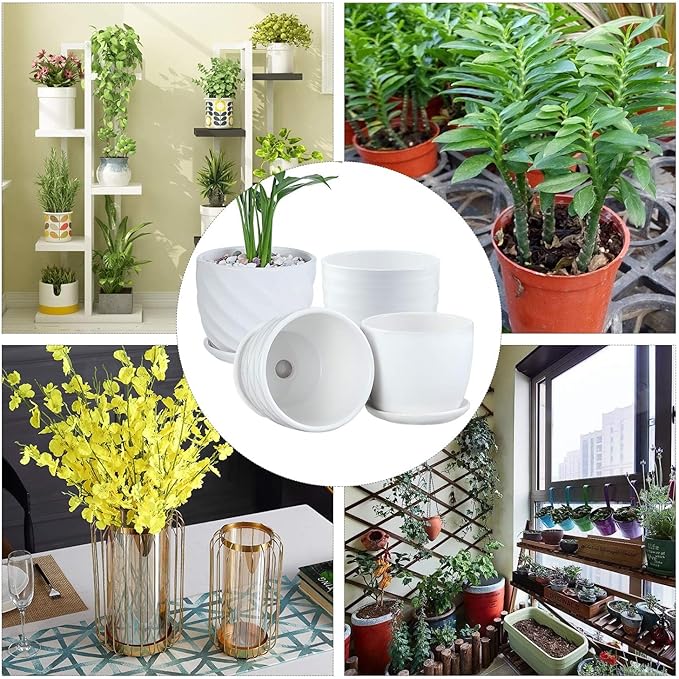 Plant Pots - 4.7 Inch Cylinder Ceramic Planters with Connected Saucer, Pots for Succuelnt and Little Snake Plants, Set of 4, White