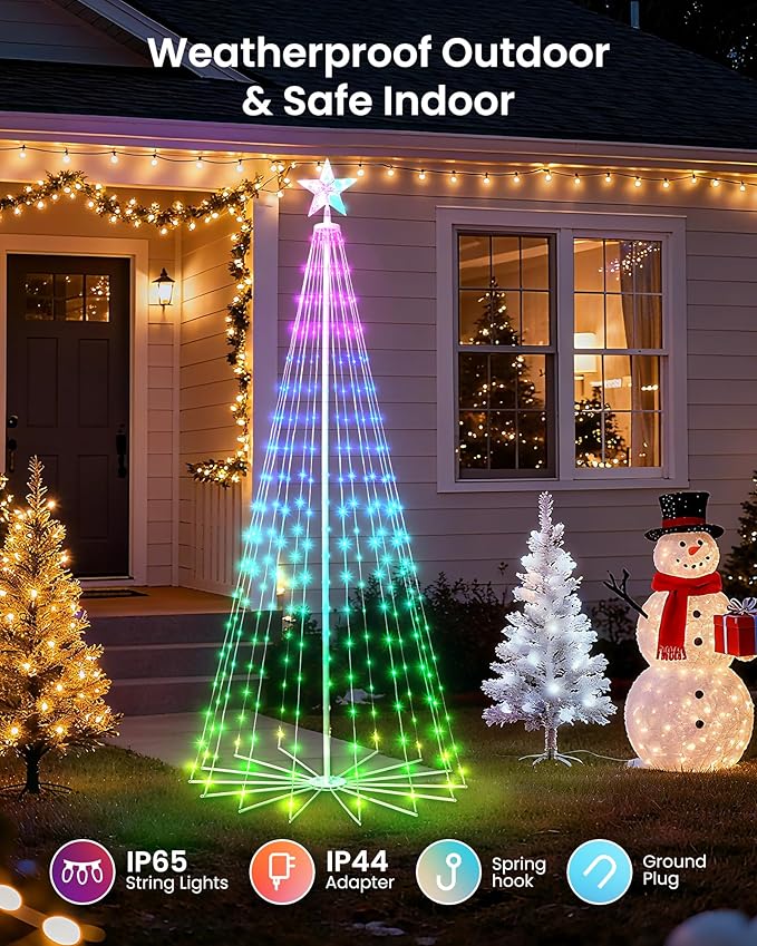 Outdoor Christmas Cone Tree, 7FT 295 LEDs with Smart APP and Local Control, DIY Pattern and Text Displayable, IP65 Waterproof RGB String Lights for Porch Yard Indoor Outdoor Decorations