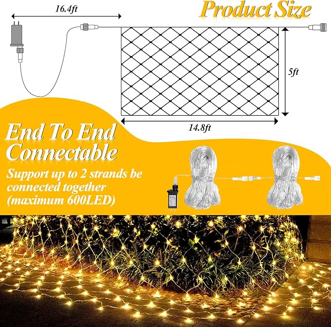 LitHome 300 LED 14.8ft x 5ft Outdoor Christmas Net Lights, Connectable Mesh Fairy String Lights with 8 Modes,Waterproof Plug in Mesh Lights for Bushes, Garden, Backyard, Holiday, Christmas(Warm White)