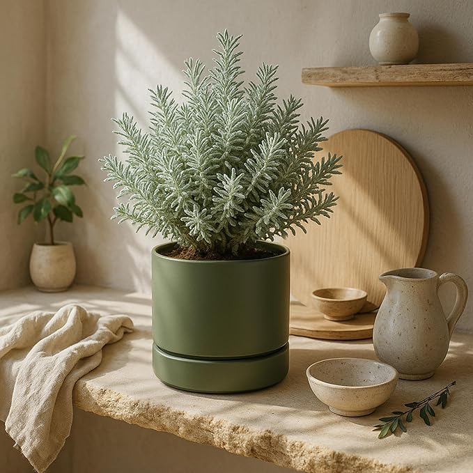 Phoenix Vine 6 Inch Planter Pot with Drainage Hole & Saucer, Deep Water Catch Tray, Straight Cylindrical Round Pot for Plants, Olive, Pack of 1, 23-F-S-1