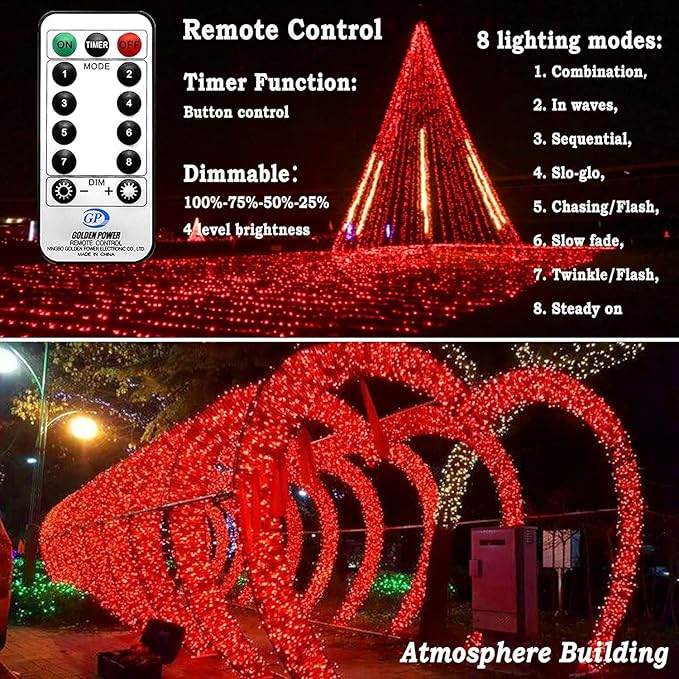 KNONEW 600ft 1500 LED String Lights Outdoor Christmas Lights 8 Modes & Timer Fairy Light Plug in Waterproof LED String Lights for Xmas Yard Tree Wedding Party Holiday Decorations (Red)